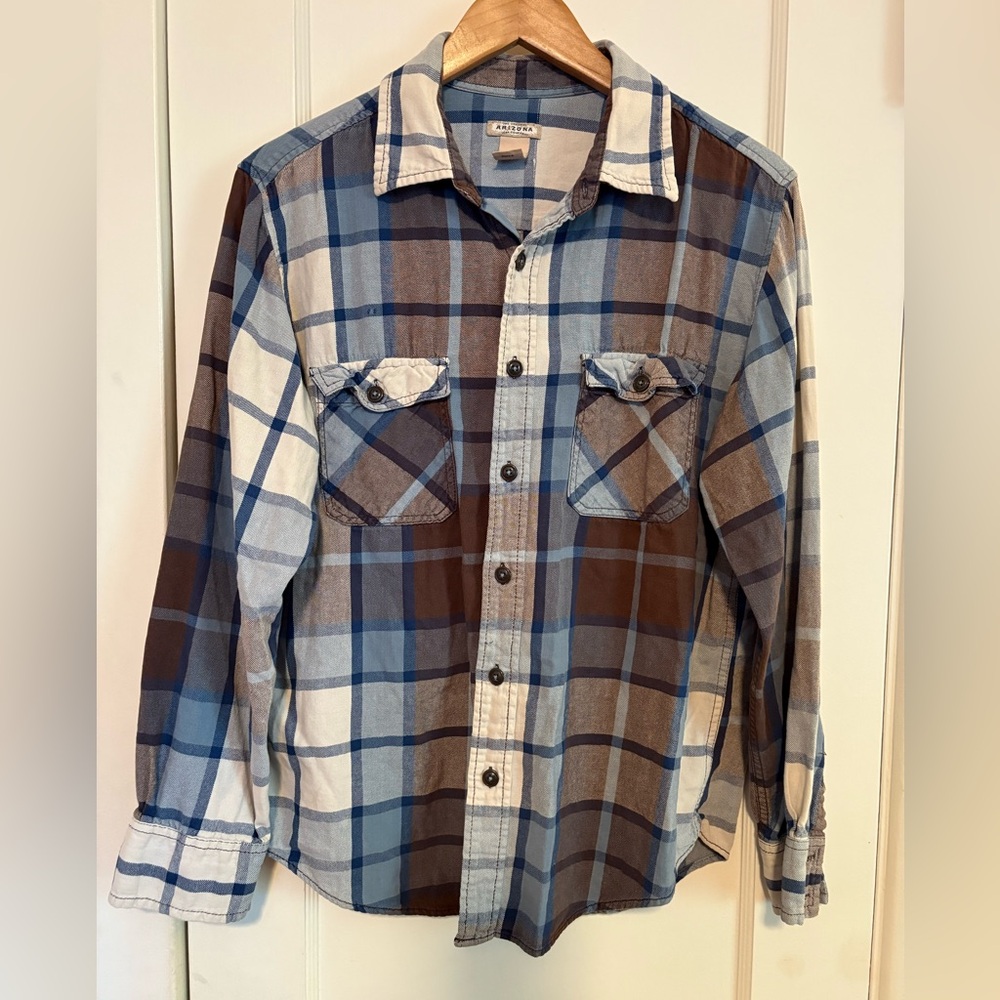 Arizona Men's Blue and Brown Plaid Shirt